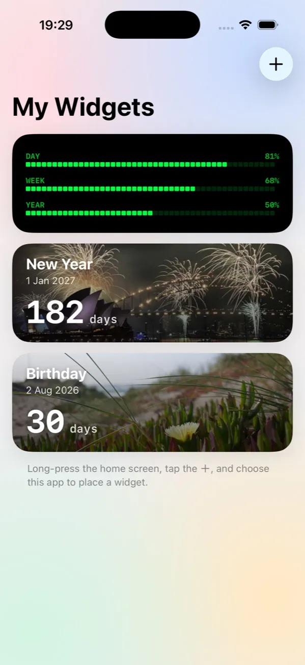 DayBar widget list showing day, week and year progress bars plus two countdown widgets with photo backgrounds