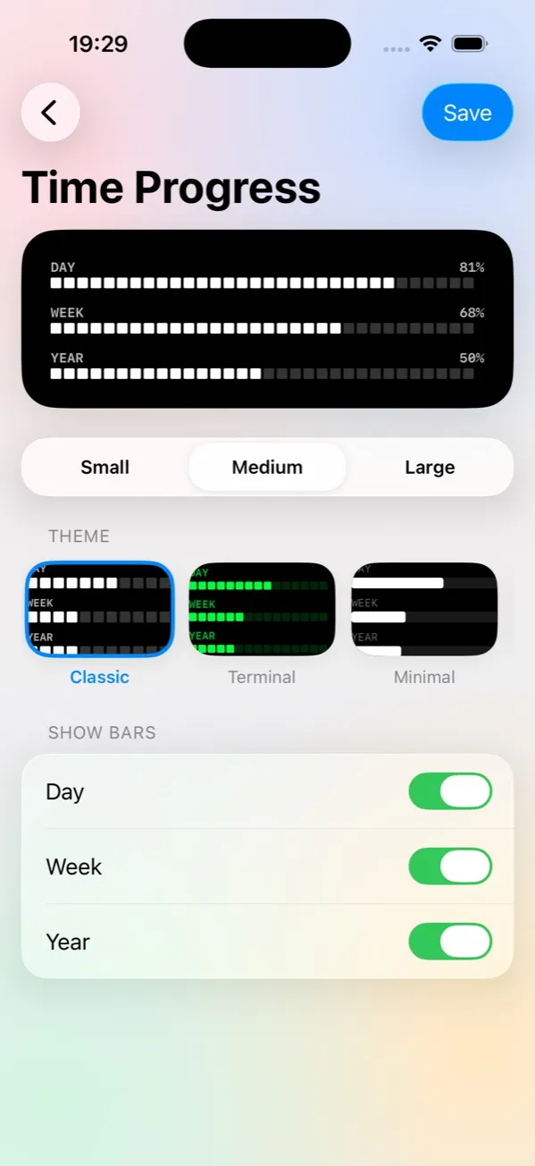 Time Progress editor with widget size picker and Classic, Terminal and Minimal themes