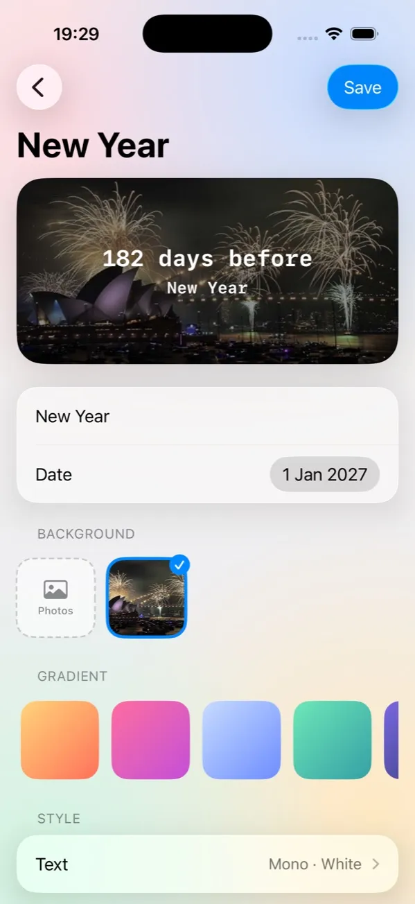 Countdown editor for a New Year event with a fireworks photo background and gradient options